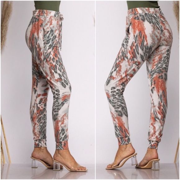 031 Ivory, Rust, & Gray Animal Print Leopard Soft Jogger Pants - Picture 2 of 2